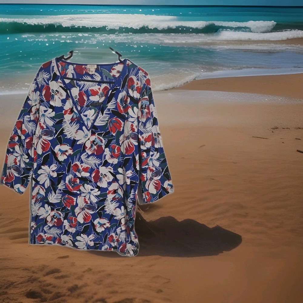 J. CREW Womens 3/4 Sleeve Tunic Top Large Navy Blue Floral Coastal Boho Long